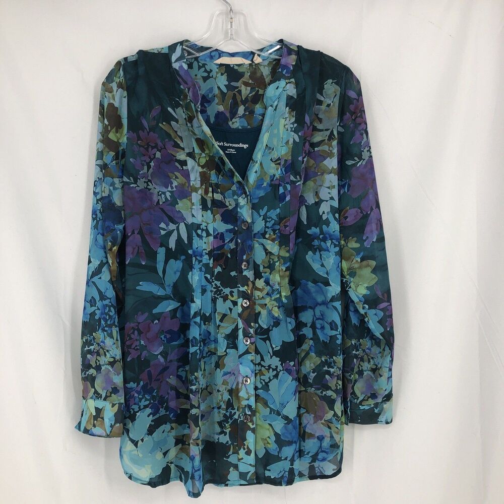 Soft Surroundings M Flower Tunic Blouse Printed Blue Medium Built In Tank